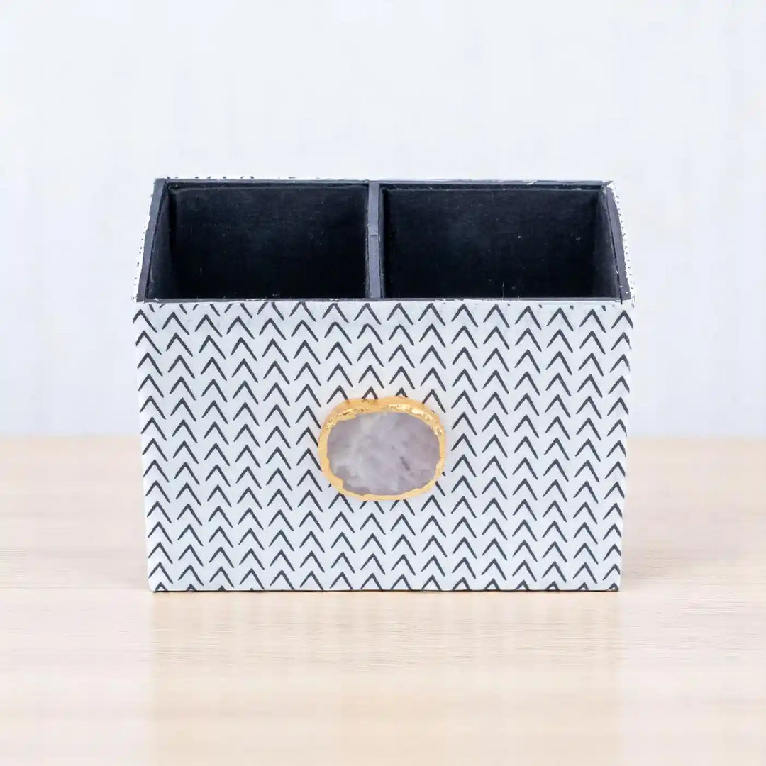 Black And White Cotton Fabric Coated MDF Cutlery Holder With Agate Accent | 6 x 4 x 3.5 inch
