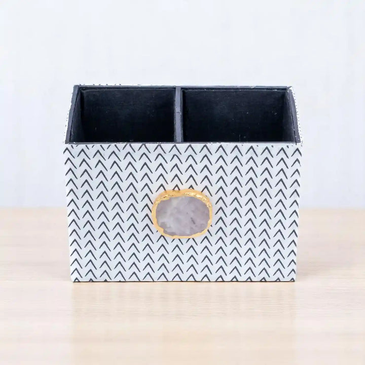 Black And White Cotton Fabric Coated MDF Cutlery Holder With Agate Accent | 6 x 4 x 3.5 inch