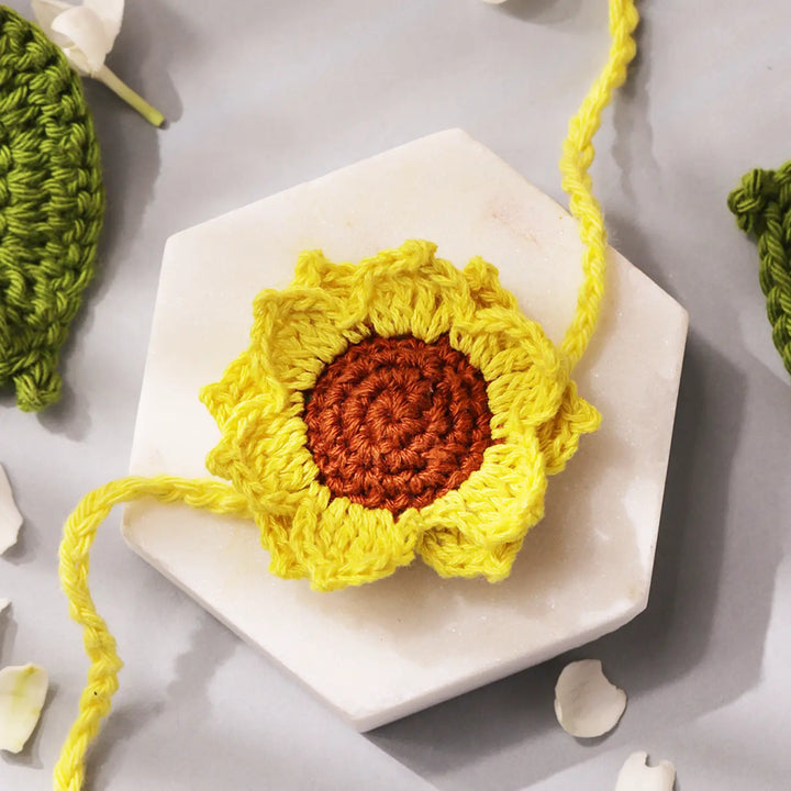 Handmade Crochet Sunflower Rakhi With Roli Chawal