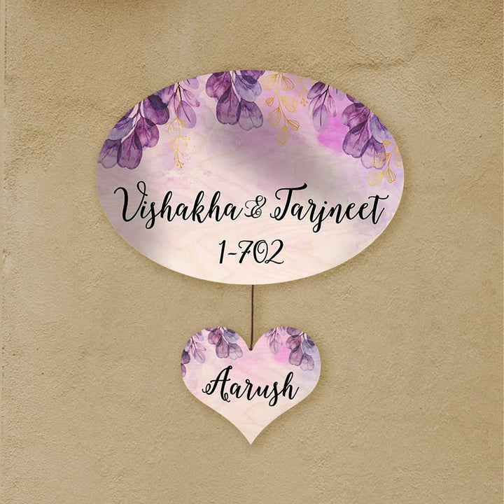 Printed Purple Spring Floral Wooden Oval Nameplate - Mounted on wall with hanging heart