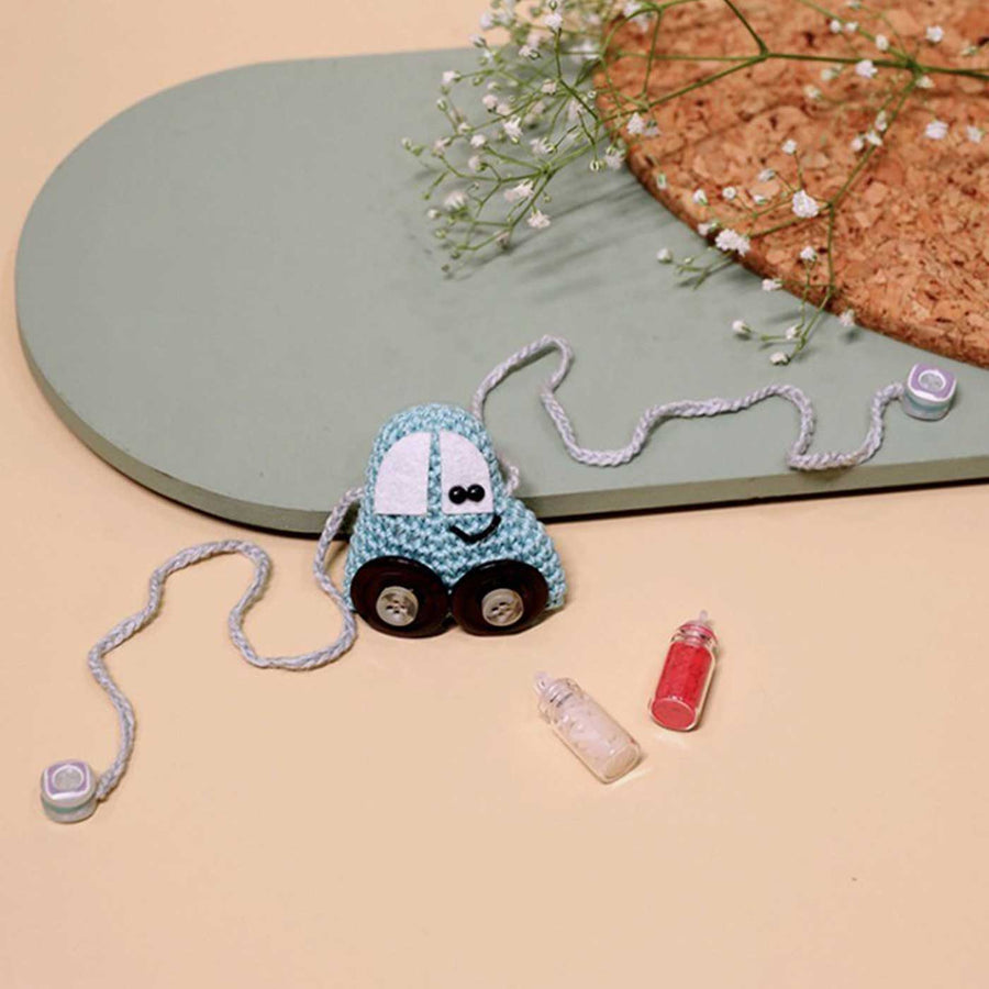 Handmade Crochet Crazy Cars Kids Rakhi With Roli Chawal - Crochet Car Pull-String Front
