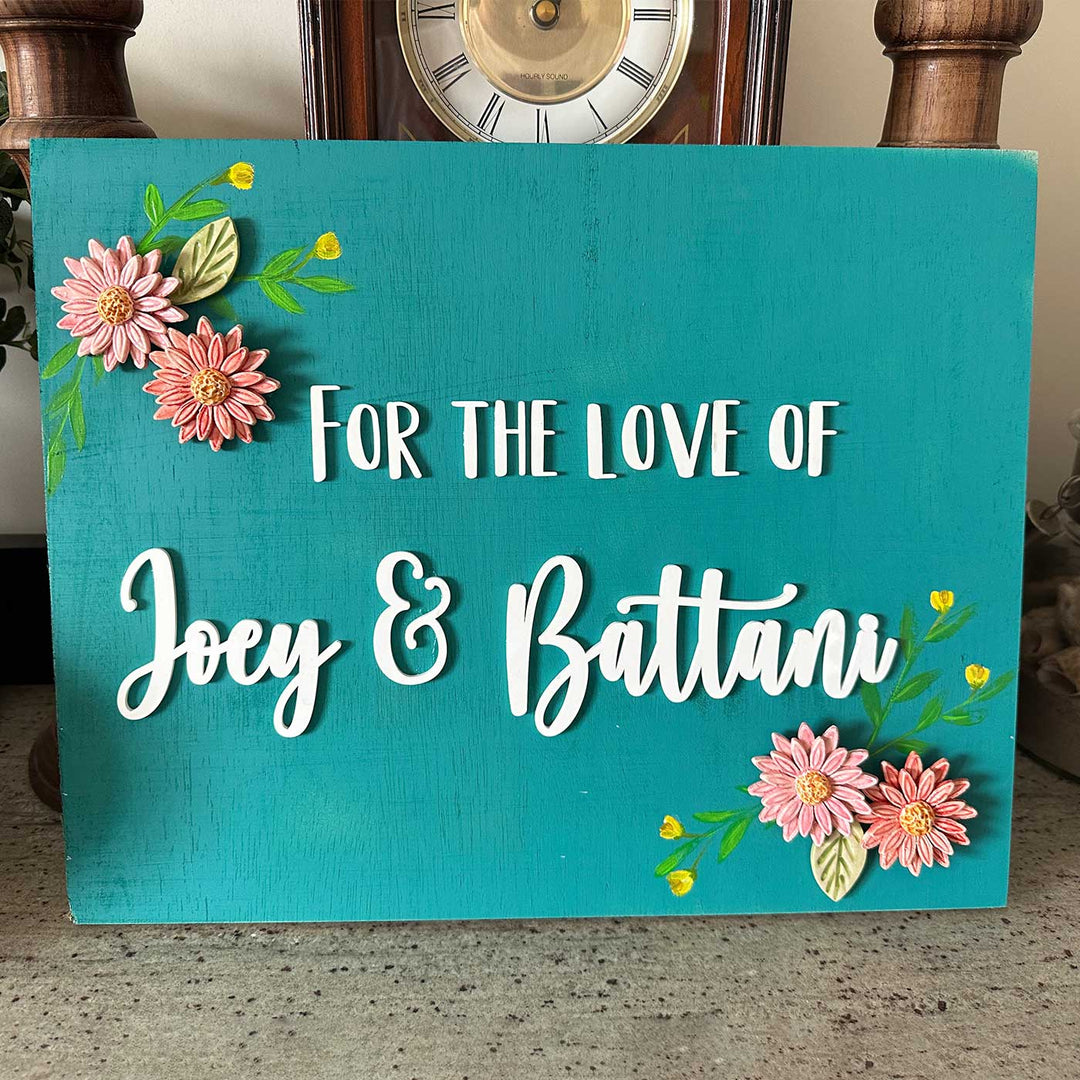 Personalized Handmade Floral Wooden Name Plate For Couples - Front View with Name Personalization