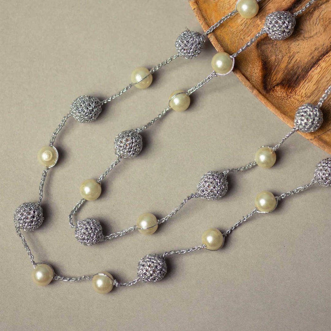 Handmade Crochet Silver Nakshatra Pearl Necklace