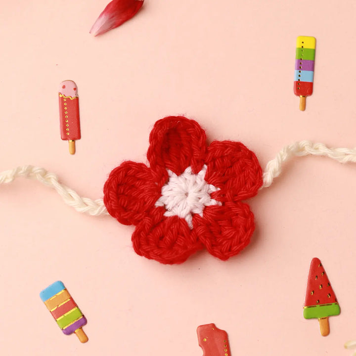 Handmade Crochet Red Flower Rakhi With Roli Chawal