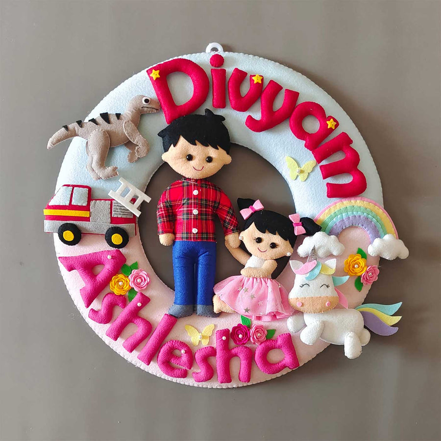 Hand Stitched Hobby Themed Round Felt Kids Name Plate For Siblings 1 - Front View Showing Name Personalization