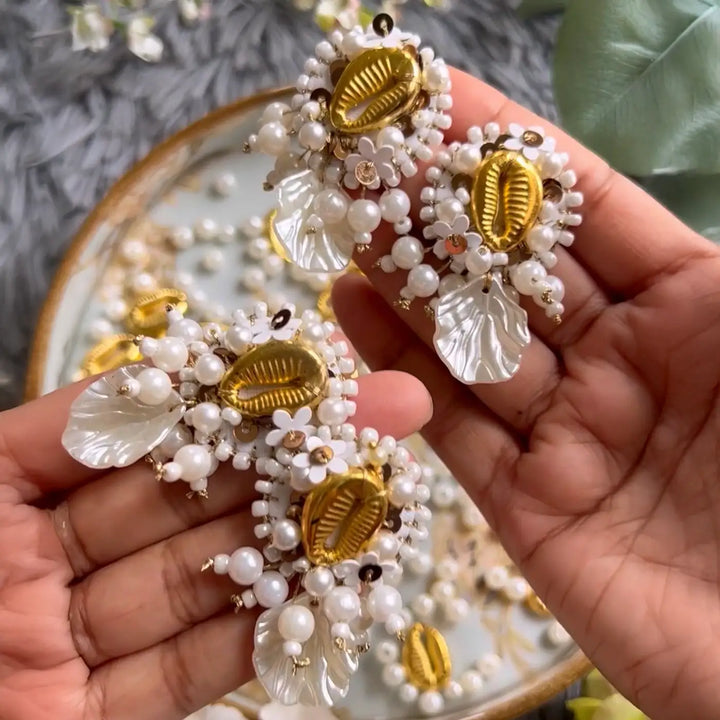 Hand Embroidered Beaded Golden Shell Bhaiya Bhabhi Rakhi With Roli Chawal Set Of 2 - Handheld Display View