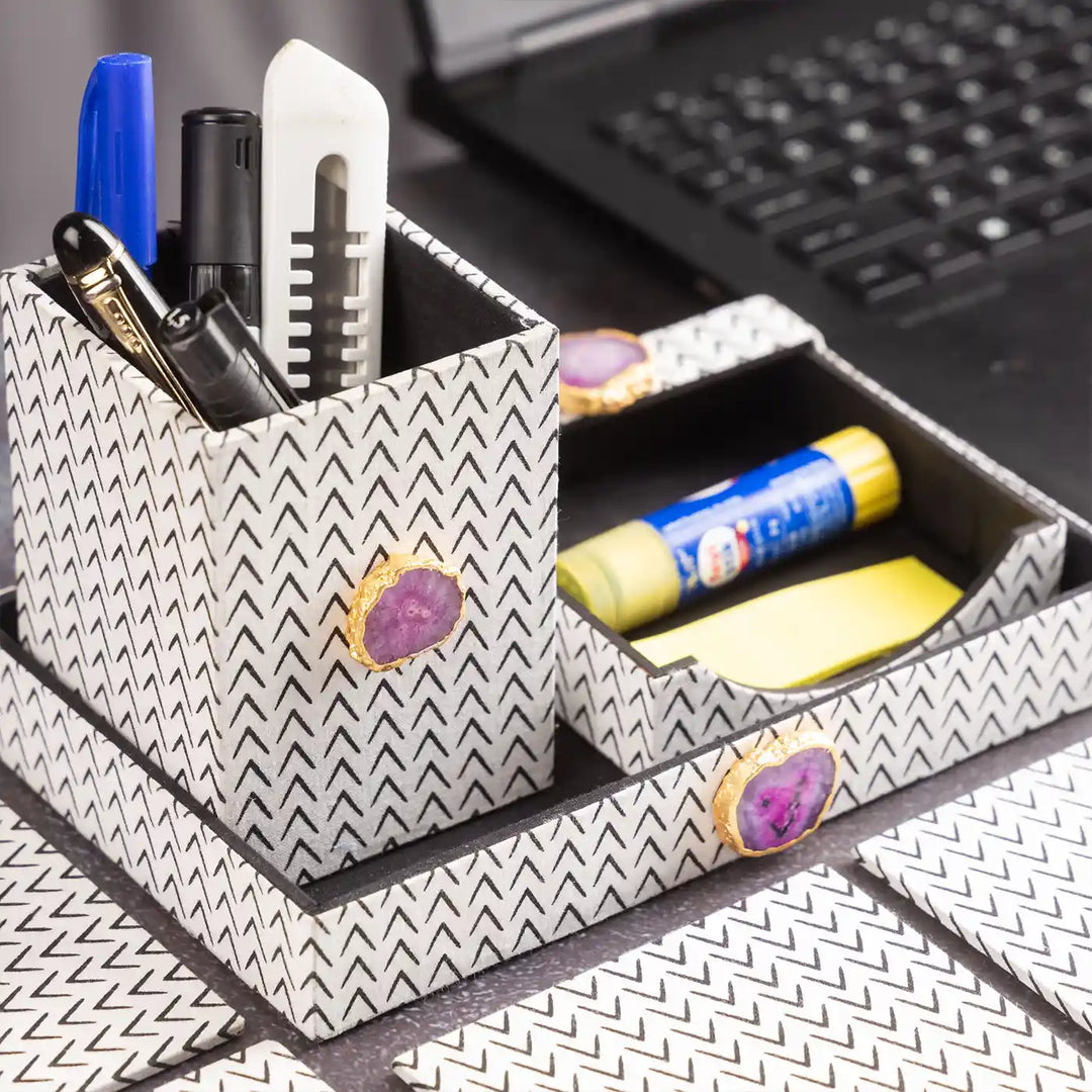 Black And White Cotton Fabric Coated MDF Desk Organiser Set With Agate Accents