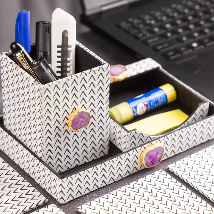 Black And White Cotton Fabric Coated MDF Desk Organiser Set With Agate Accents