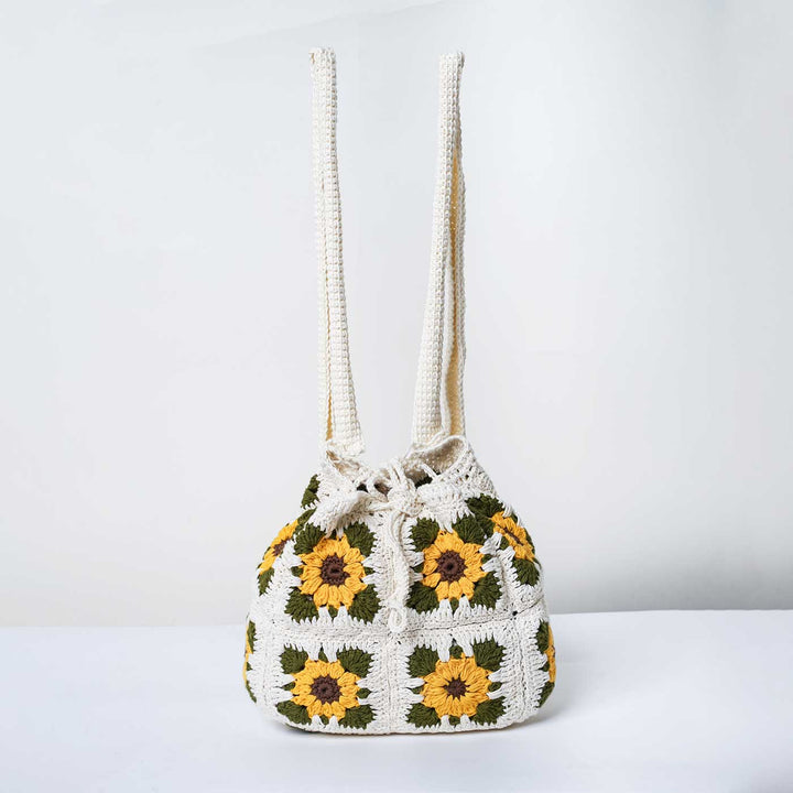 Handmade Crochet Sunflower Design White Cotton Backpack