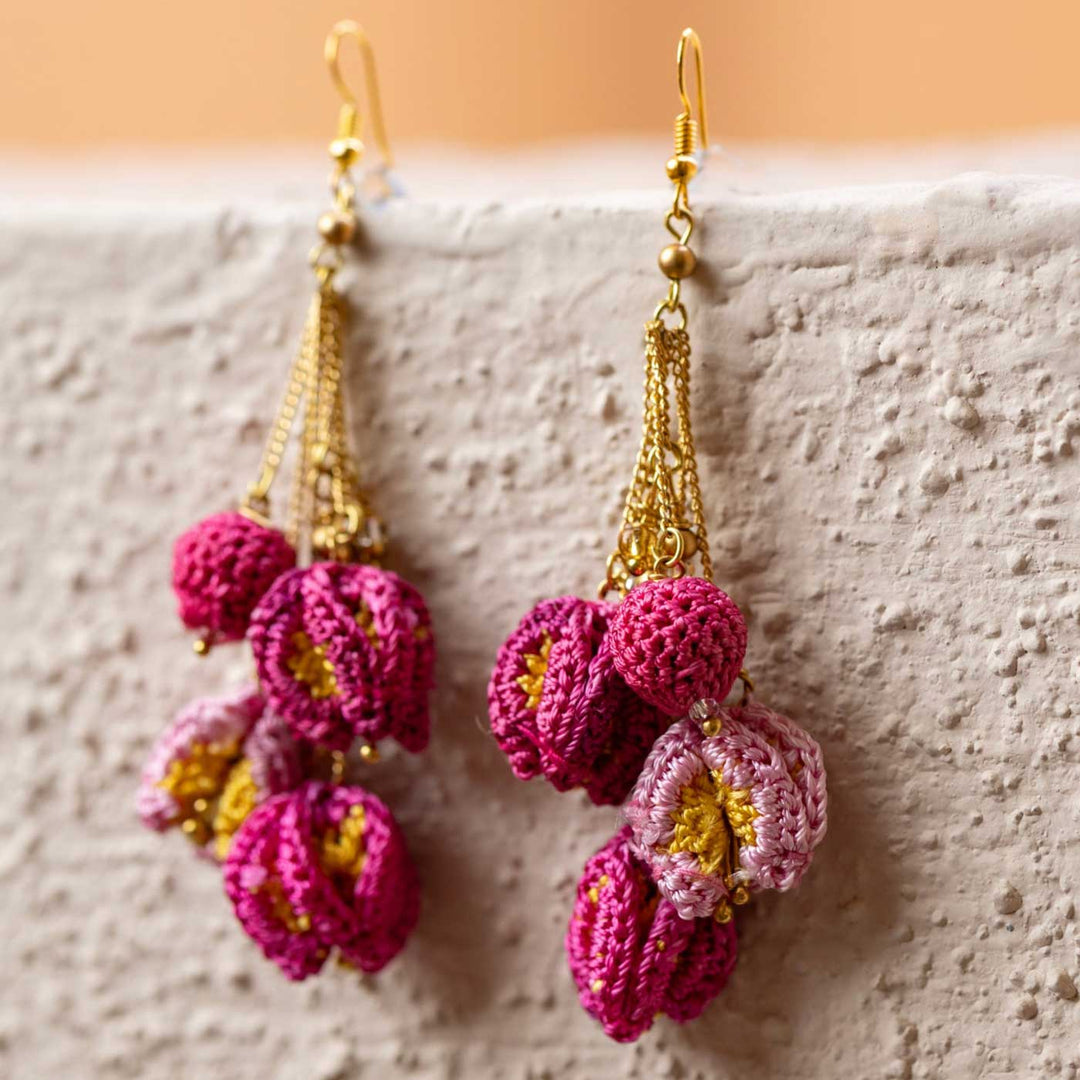 Handmade Crochet Pink Bougainvillea Viscose Thread Swing Earrings