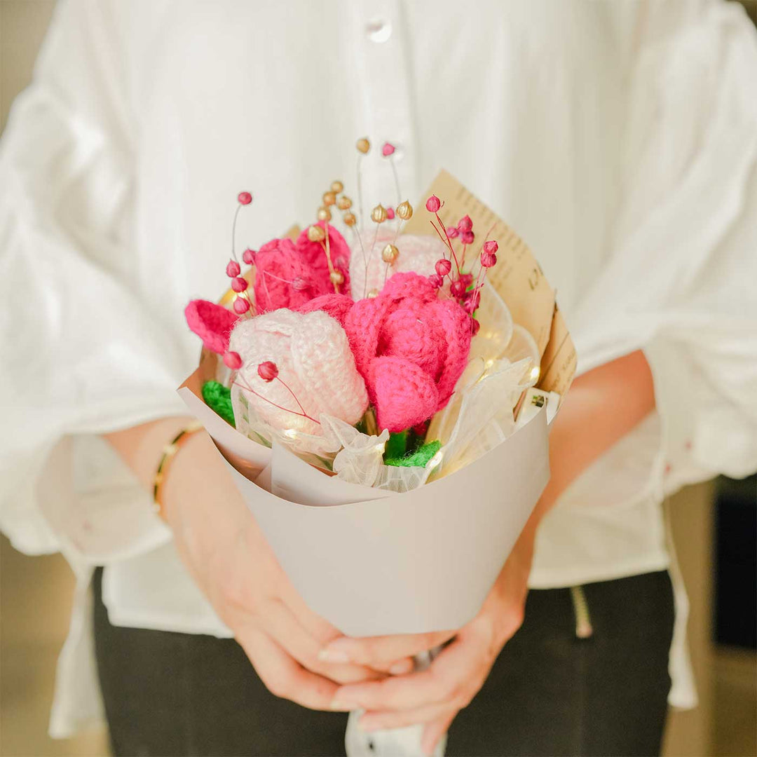 Handmade Crochet Pink And White Petals Flower Bouquet