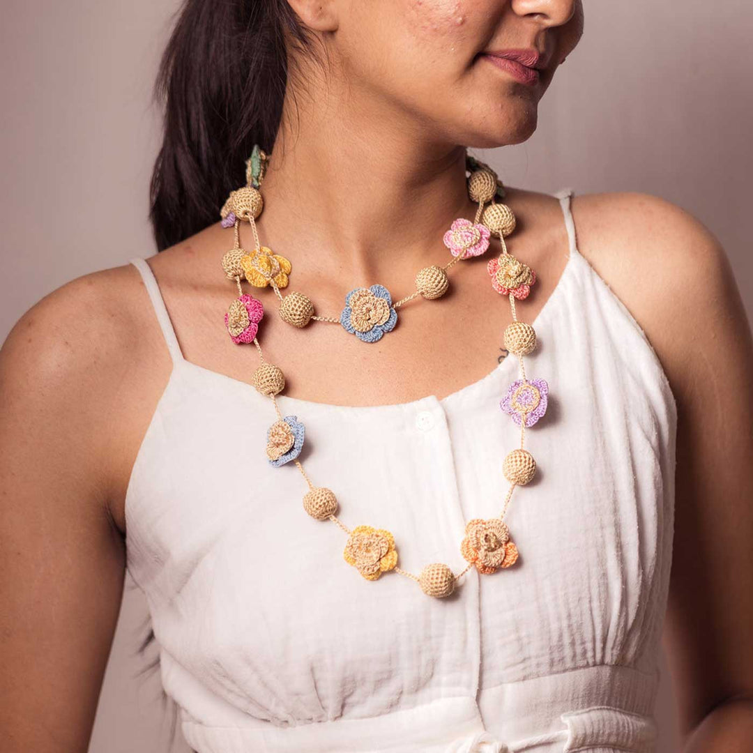 Handmade Crochet Gulnaar Zari Spring Roses Bead String Necklace