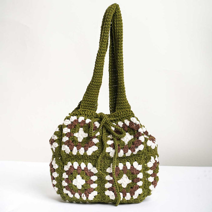Handmade Crochet Military Green Commuter Cotton Handbag