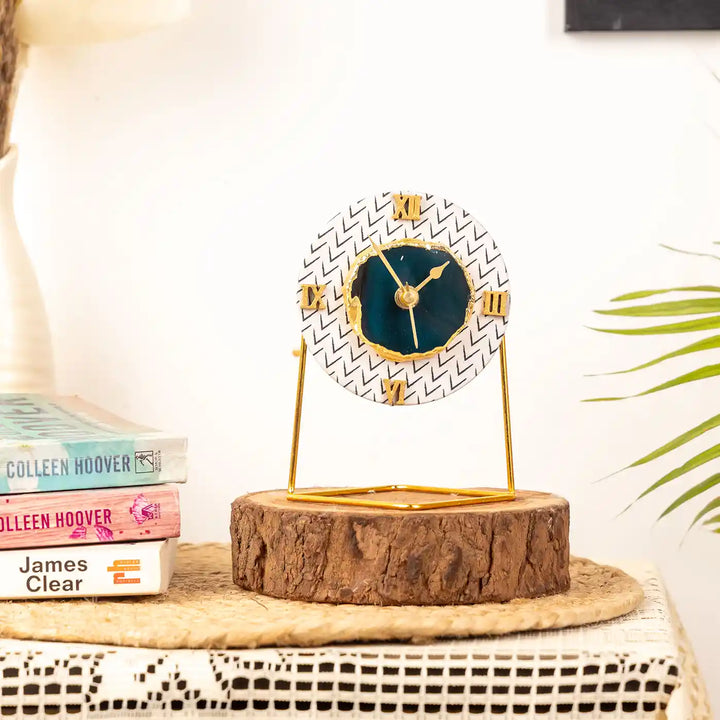 Black And White Round Fabric Coated MDF Desk Clock With Agate Elegant | 6 x 4 x 3.5 inch