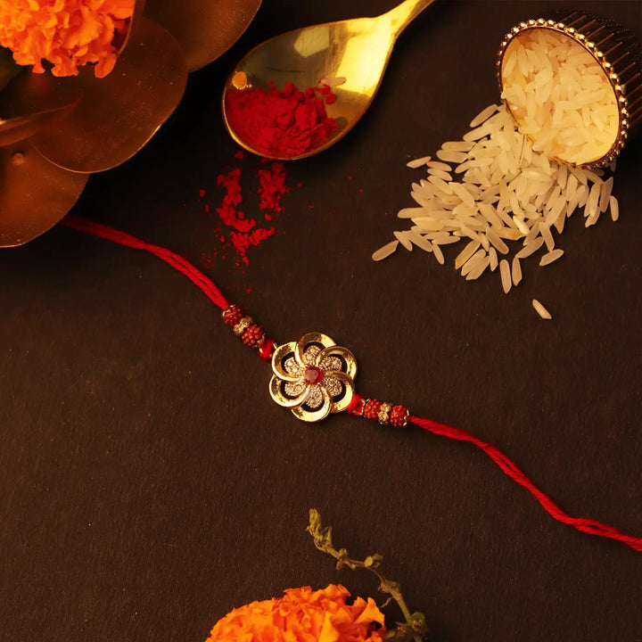 Handmade Golden Flower Rakhi With Roli Chawal