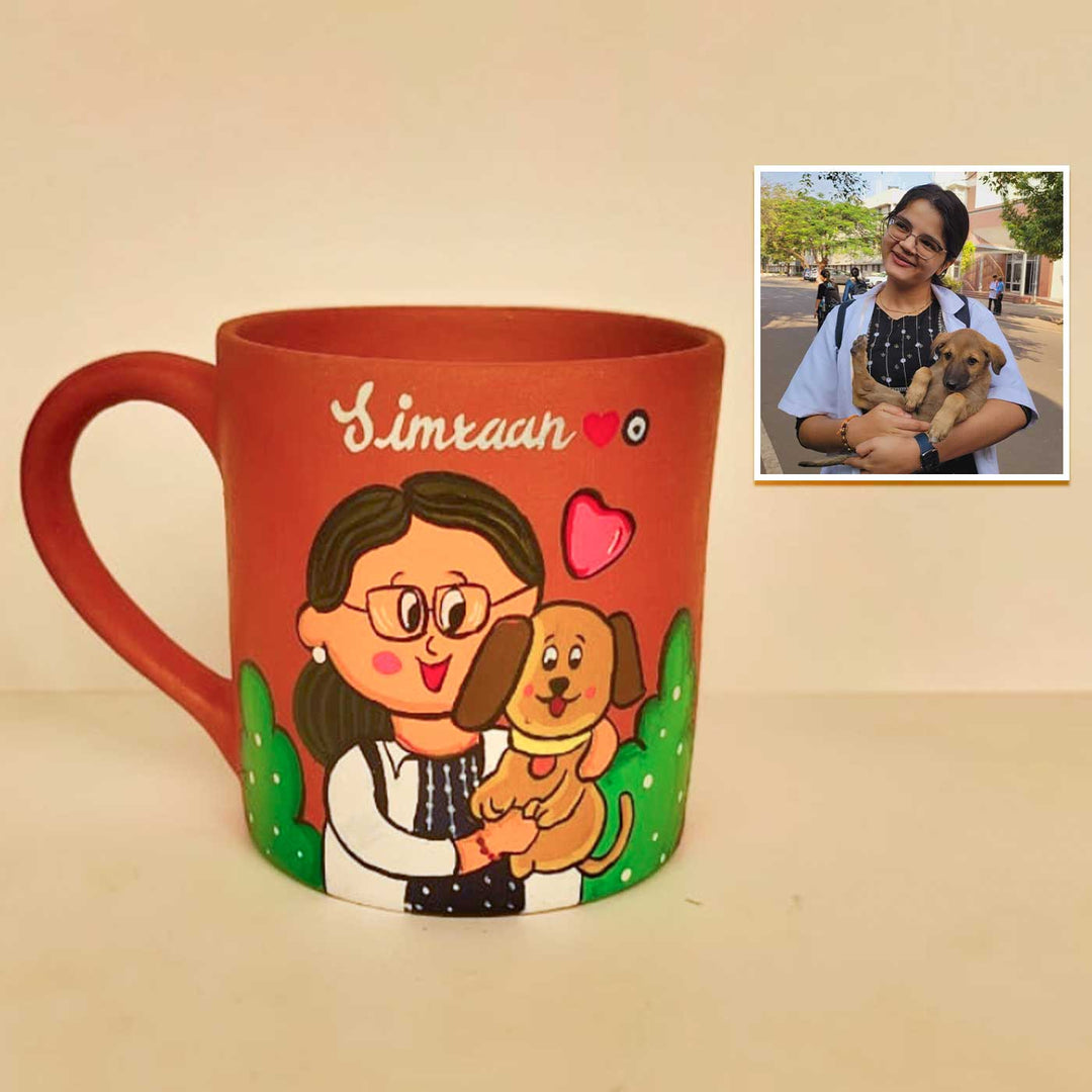 Pet Lover | Photo Personalized Handpainted Terracotta Mug with Caricatures and Background