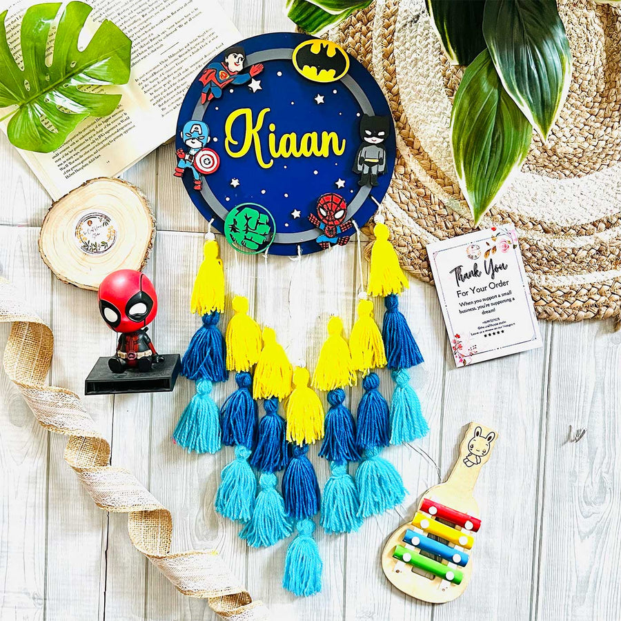 Personalized Hand Painted Avengers Themed With Tassels Mdf Wood Kids Name Plate - Name Personalization Example Flat Lay