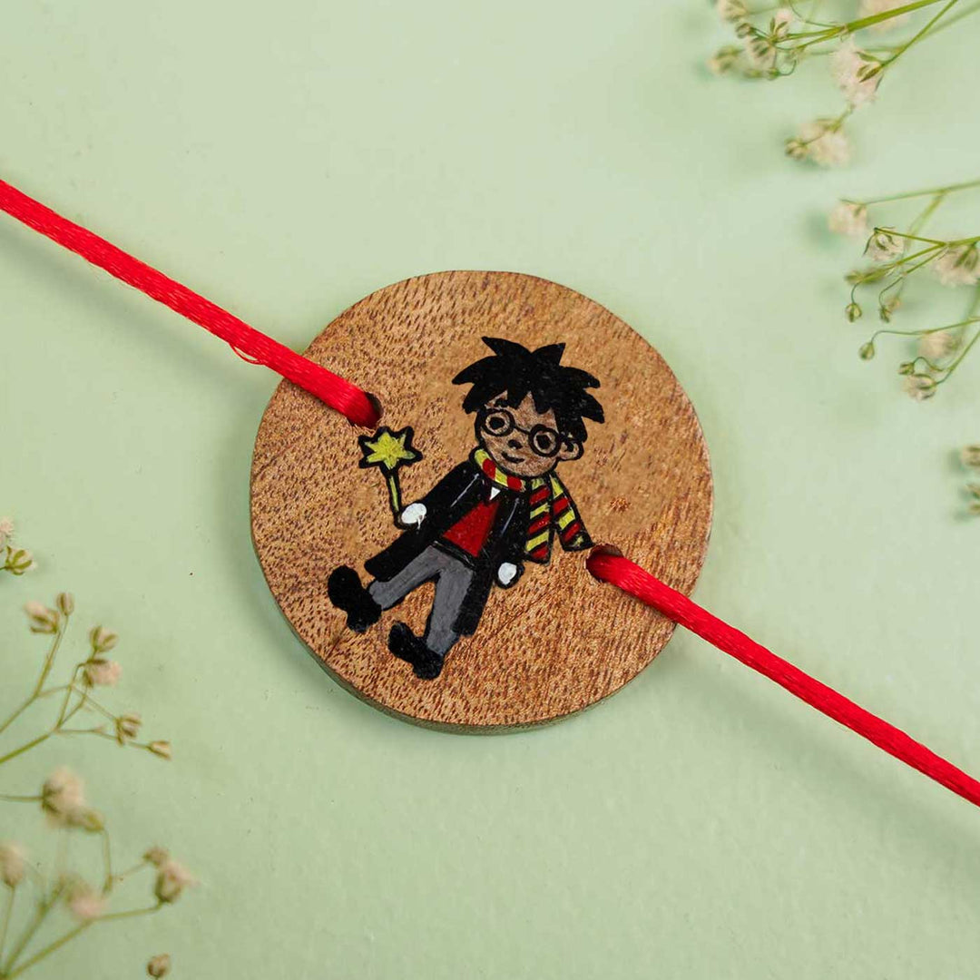 Personalized Hand Painted Harry Potter Wooden Rakhi With Roli Chawal - Close-up of Bracelet Charm