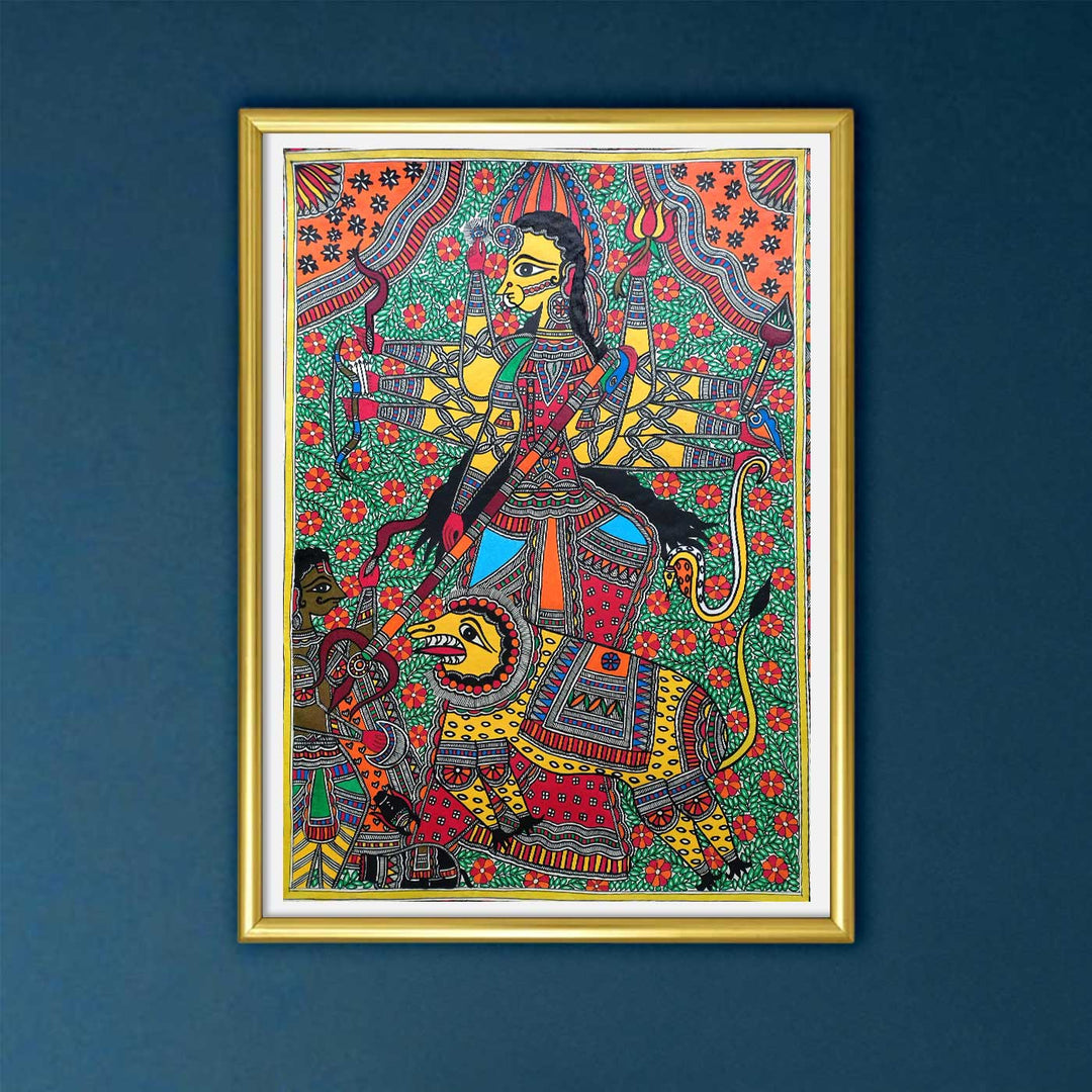 22 x 30 Inch | Durga Mahishasura Mardini | Original Hand Painted Madhubani Painting | Natural Pigments On Paper