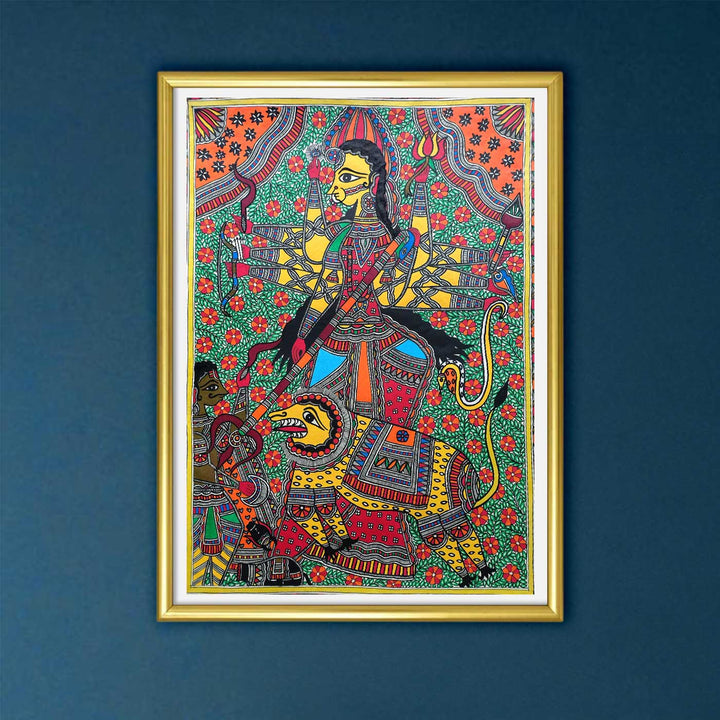 22 x 30 Inch | Durga Mahishasura Mardini | Original Hand Painted Madhubani Painting | Natural Pigments On Paper