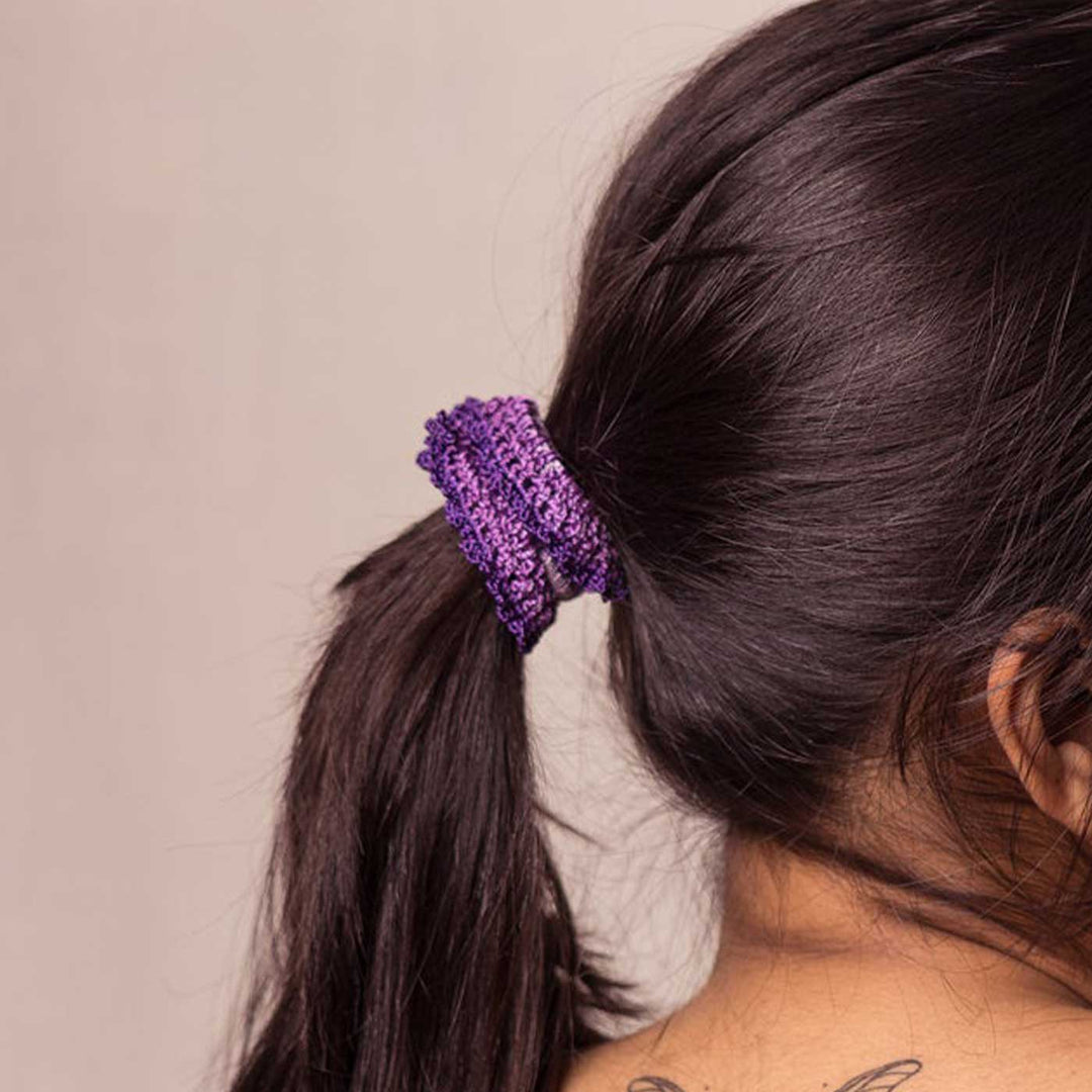 Handmade Crochet Guncha Purple Blue Ombre Bloom Scrunchie | Set Of 2