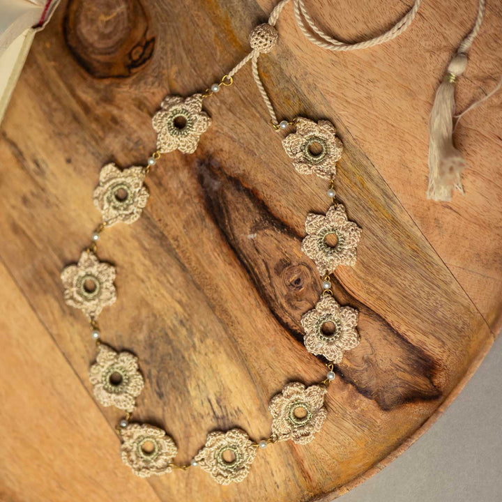 Handmade Crochet Beige Ornate Flower Necklace