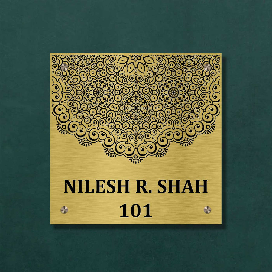 Personalized Engraved Square Gold Stainless Steel Name Plate - Front View Mounted on Wall