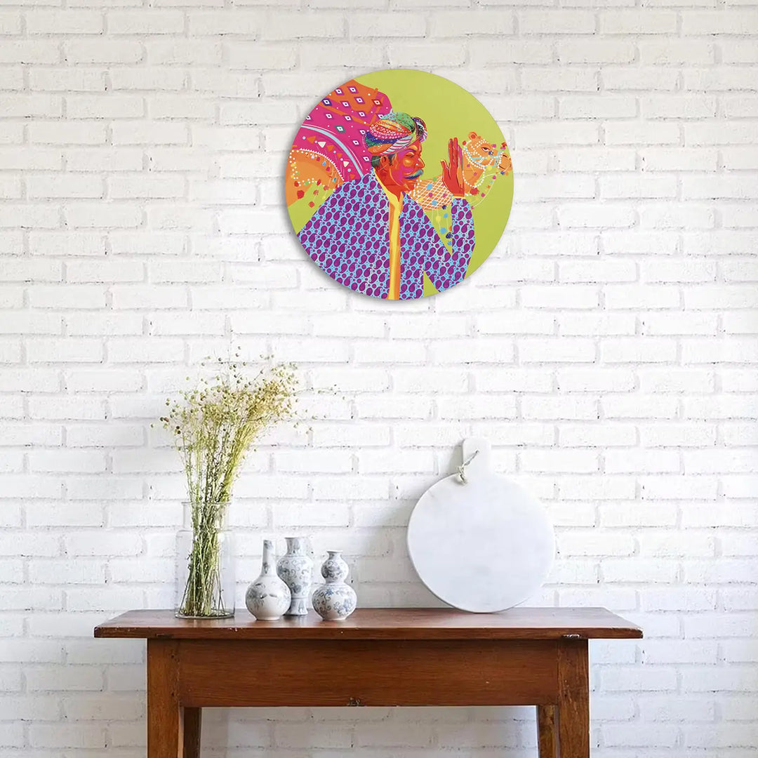 Printed Round Rajasthani Singer Theme MDF Wood Wall Decor