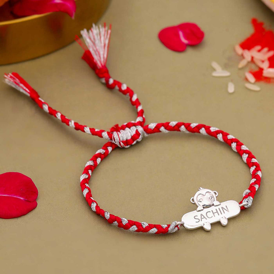Personalized Handmade Monkey Design Silver Kids Rakhi - Front View