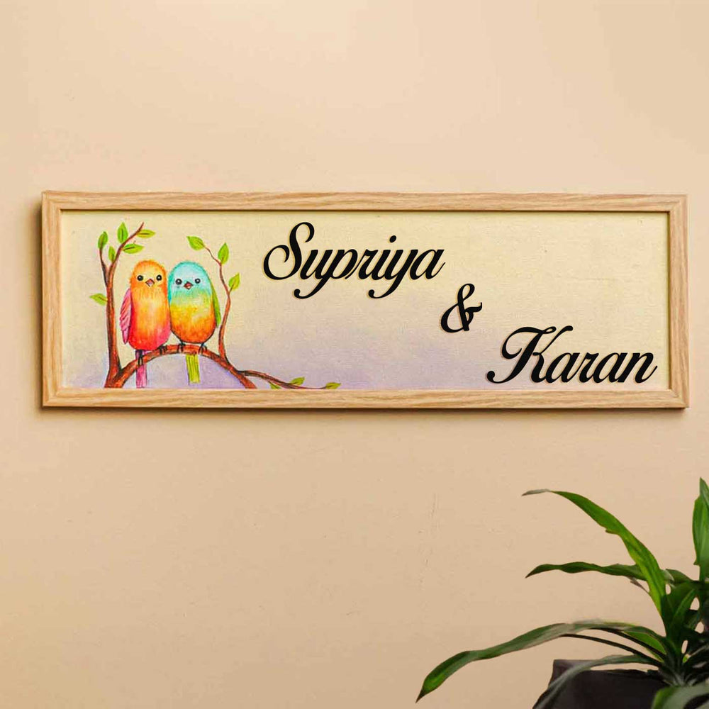 Personalized Love Birds Theme Mdf Wood Name Plate - Mounted Horizontal Wall View