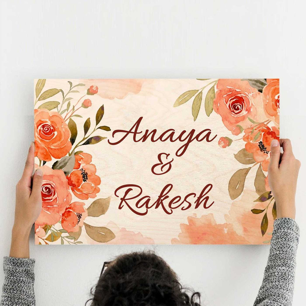 Printed Orange Floral Wooden Rectangle Nameplate 1 - Holding Front View with Personalization
