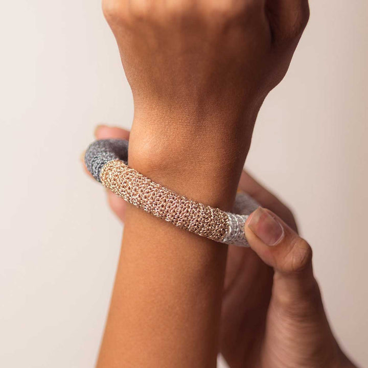 Handmade Crochet Rangat Orange And Grey Colour Block Bangle