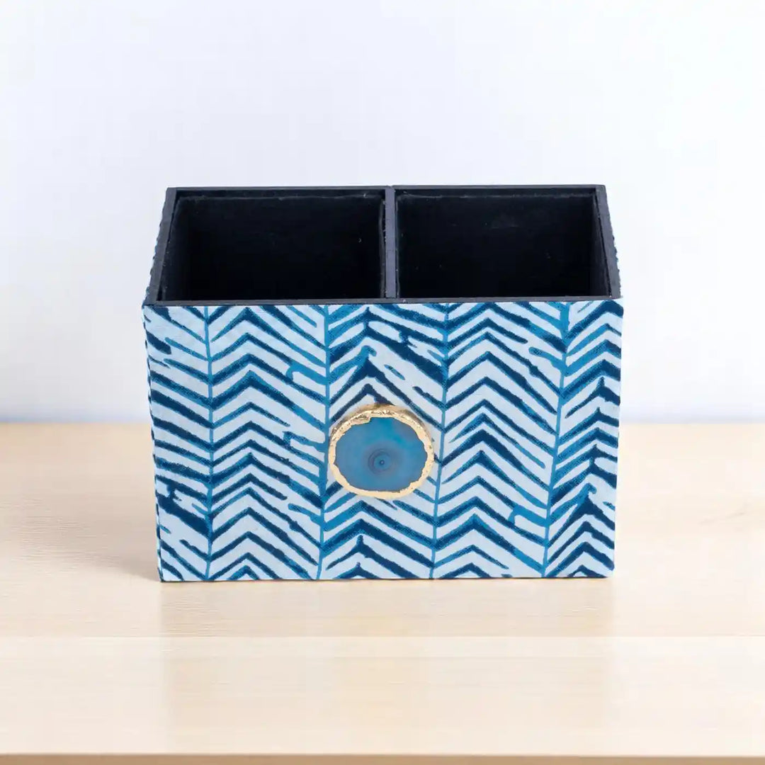 Blue Cotton Fabric Coated MDF Cutlery Holder With Agate Accent | 6 x 4 x 3.5 inch
