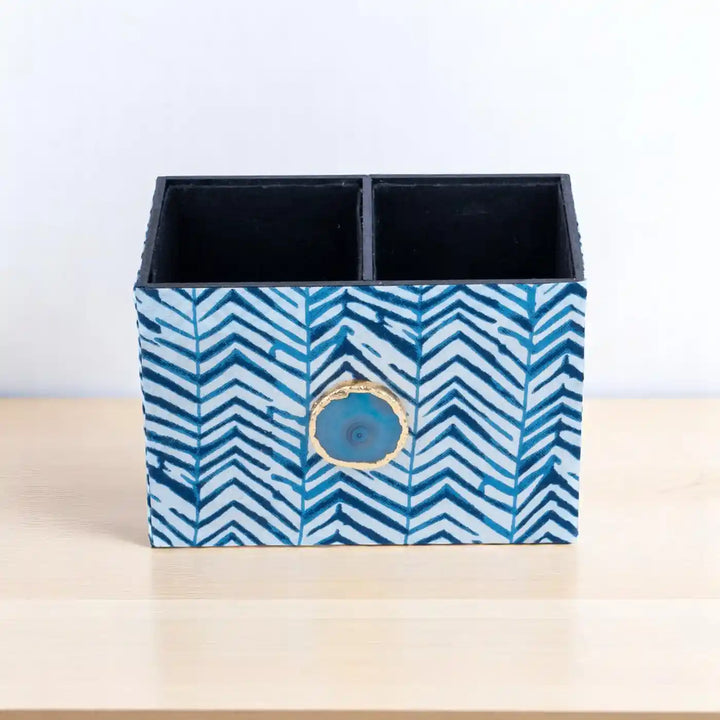 Blue Cotton Fabric Coated MDF Cutlery Holder With Agate Accent | 6 x 4 x 3.5 inch