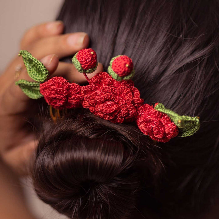 Handmade Crochet Guncha Red Camelias Hair Comb Pin