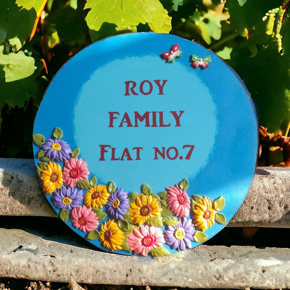Personalized Handmade Floral Round Mdf Wood Name Plate - Name Personalization Example Front View