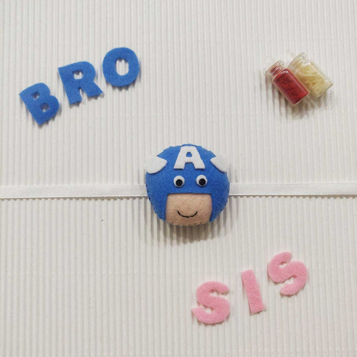 Handmade Captain America Theme Felt Kids Rakhi With Roli Chawal 10 - Styled on Wall with Letters