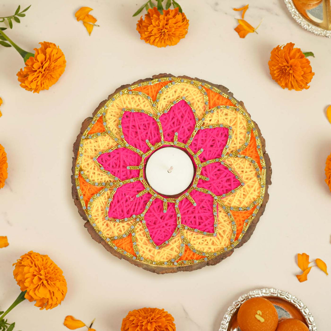Handmade String Art Pink And Yellow Flower Design Mdf Wood Tealight Holder