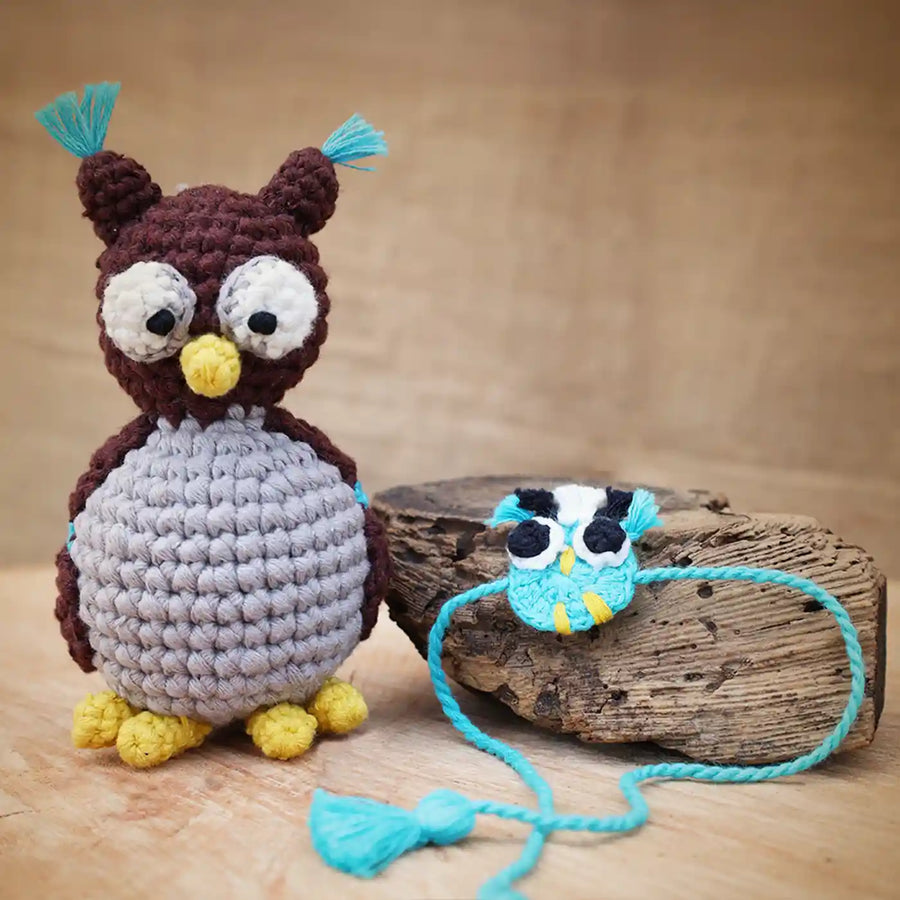 Handmade Crochet Owl Theme Kids Rakhi And Toy Combo With Roli Chawal Set Of 2 - Owl Toy and Bracelet Display