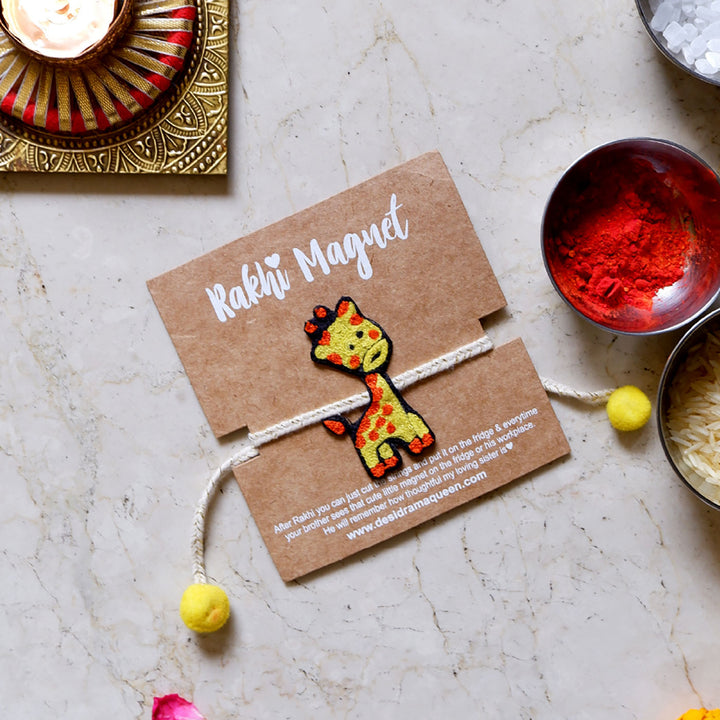 Handmade Reusable Giraffe Theme Pom Pom Felt Kids Rakhi - Product on Display Card