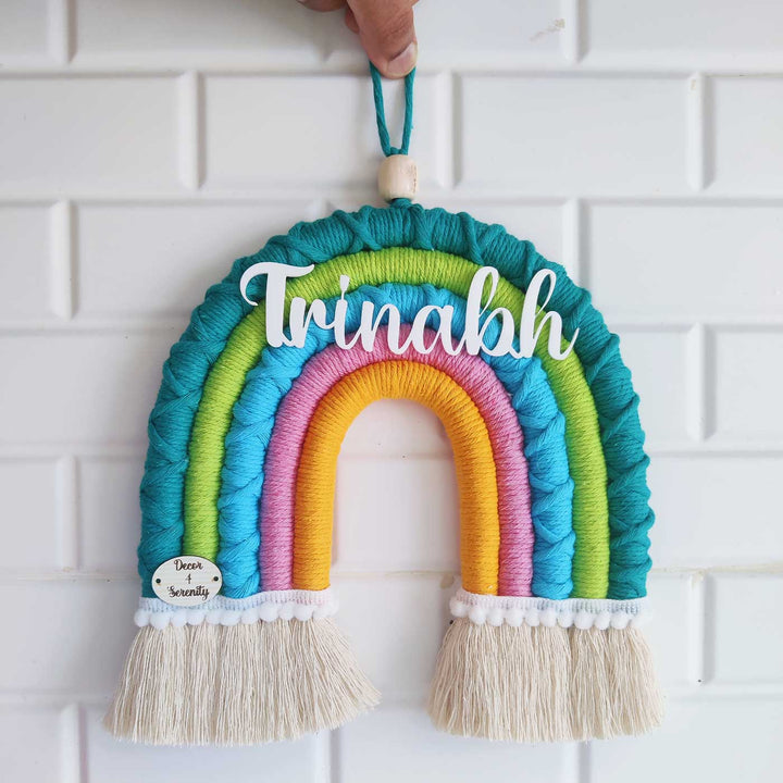 Personalized Handmade Macrame Green & Blue Rainbow Kids Name Plate With 3D Letters