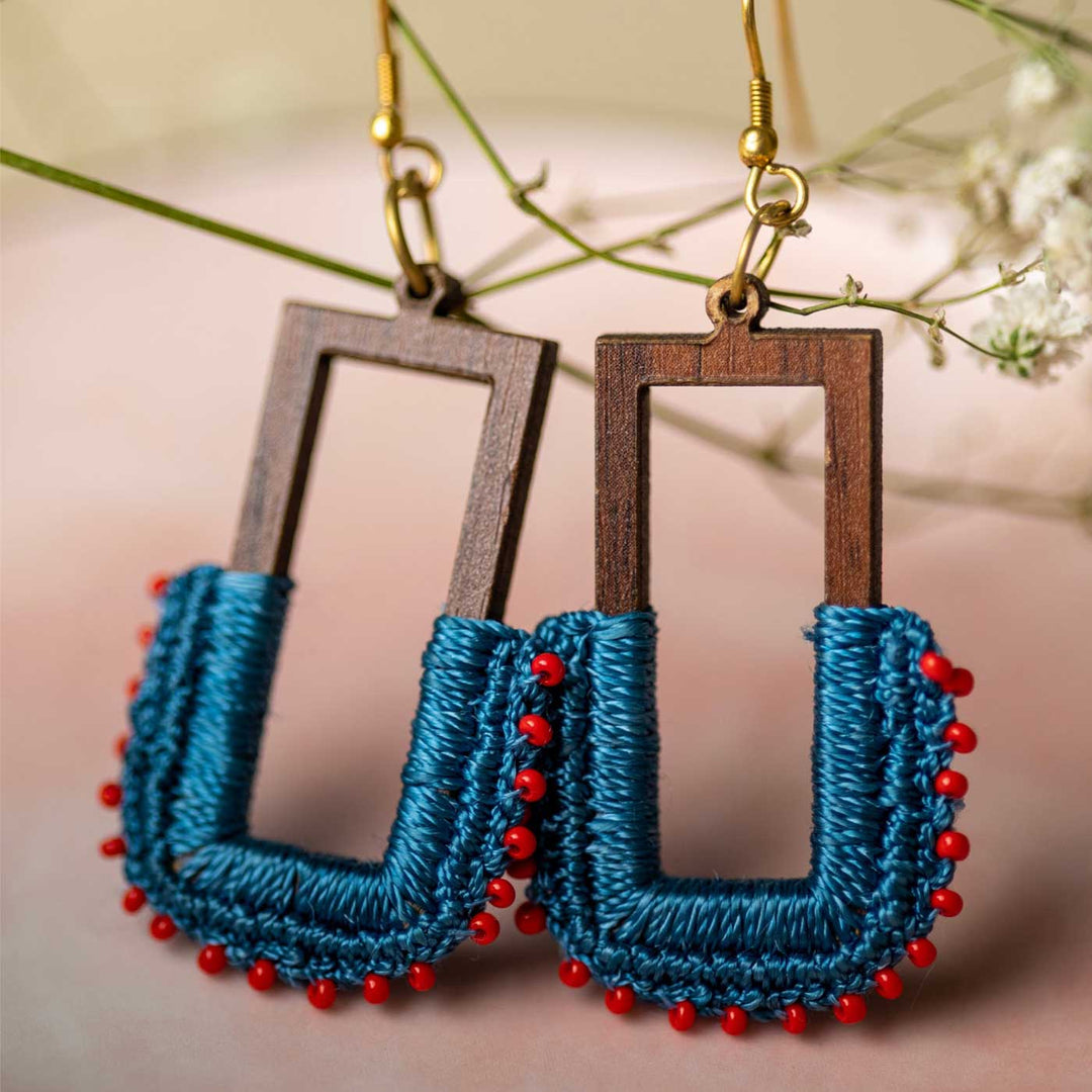 Handmade Crochet Indigo Rectangle Loop Earrings