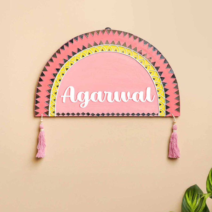 Personalized Mirror Work Pink Theme Mdf Wood Name Plate - Front View with Name Personalization