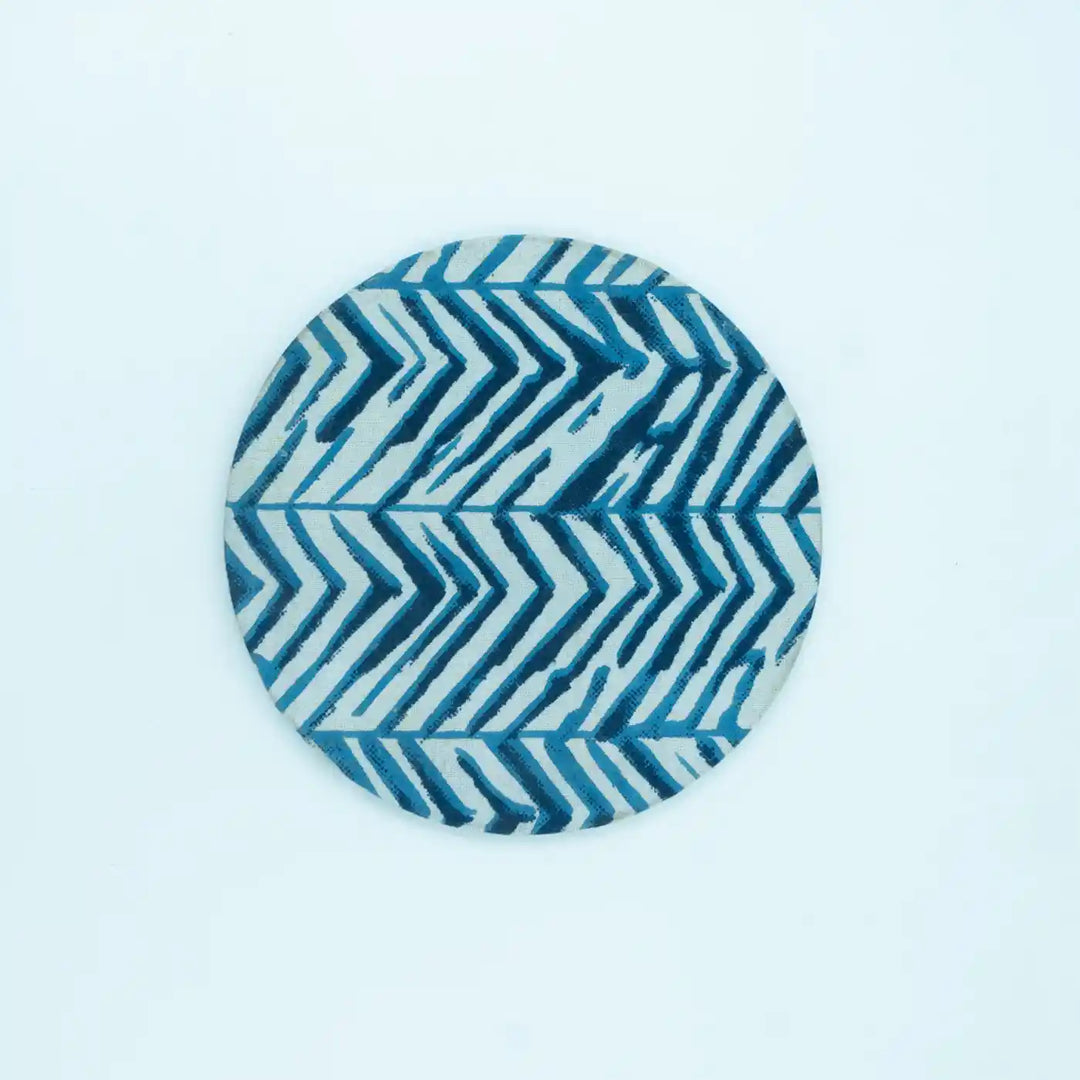 Blue Cotton Fabric Coated MDF Round Coaster Set | Set of 4