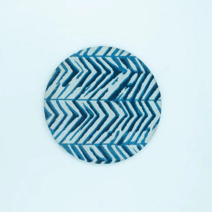 Blue Cotton Fabric Coated MDF Round Coaster Set | Set of 4