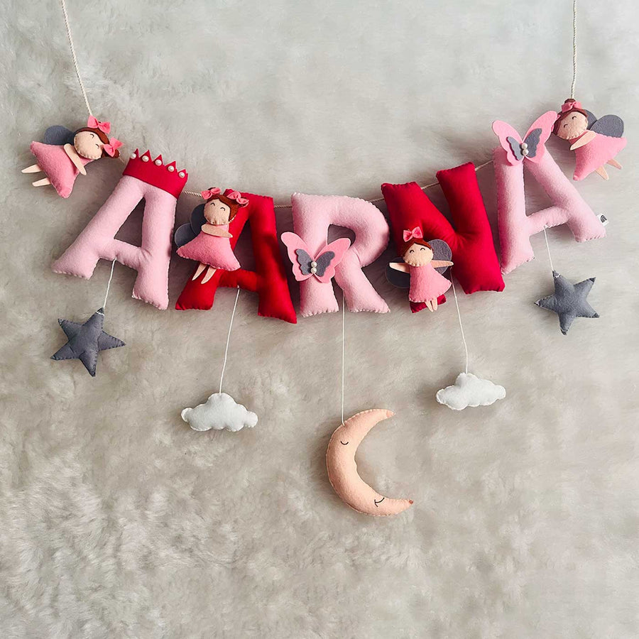 Handcrafted Personalized Fairy Themed Bunting For Kids 1 - Front View Hanging Decorative Name Garland