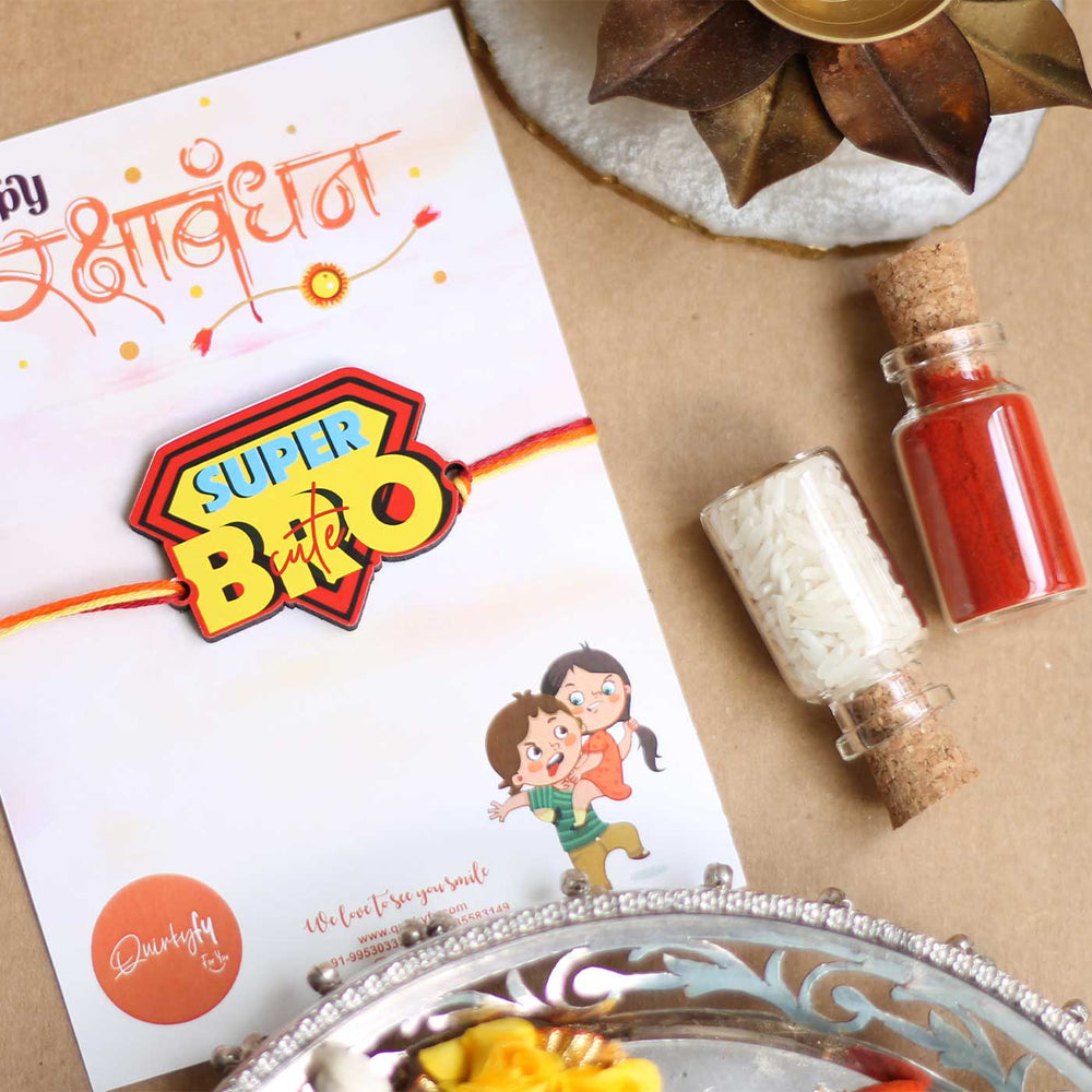 Handmade Super Cute Bro Magnet Wooden Rakhi With Roli Chawal For Brother - Styled on Celebration Card