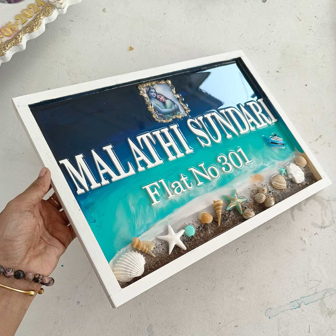 Personalized Krishna & Ocean Theme Resin Name Plate