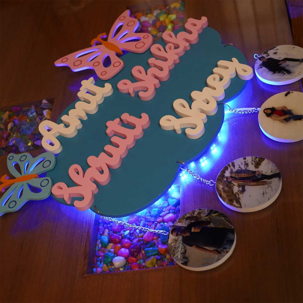 Personalized Butterfly Theme Mdf Wood Kids Name Plate With Back Light - Personalized Name Display with Lights