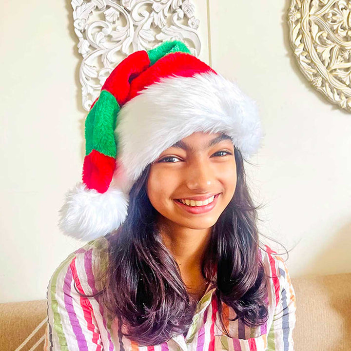 Handmade Green & Red Stripes Furry Velvet Santa Hat | Xmas Gifting Ideas